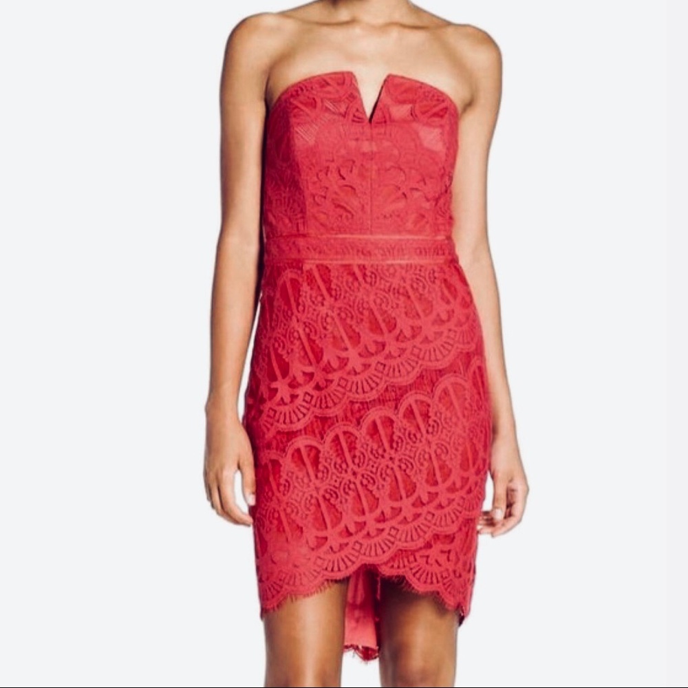 Strapless pink lace cocktail dress